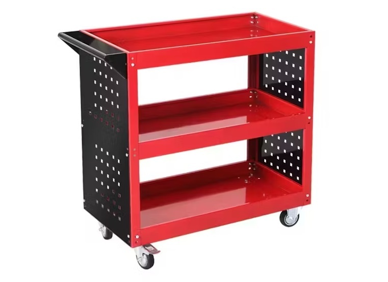 73*35*75cm 3-Tier Utility Cart with Side Pegboards Tool Trolley Garage Tool Storage