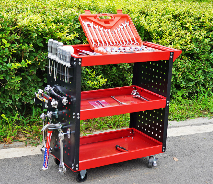 73*35*75cm 3-Tier Utility Cart with Side Pegboards Tool Trolley Garage Tool Storage