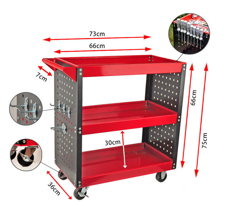 73*35*75cm 3-Tier Utility Cart with Side Pegboards Tool Trolley Garage Tool Storage