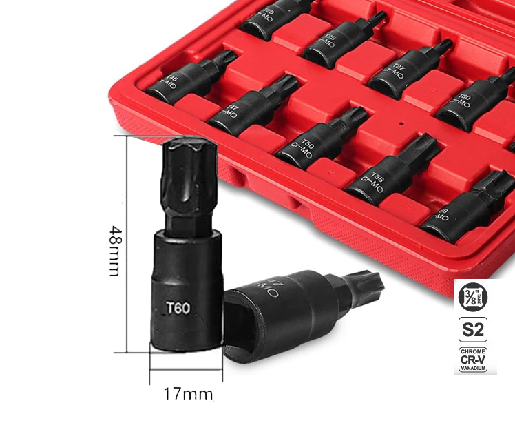 10pc 3/8" Dr. 48mmL S2 Steel Torx Star Socket:T20,T25,T27,T30,T40,T45,T47,T50,T55,T60