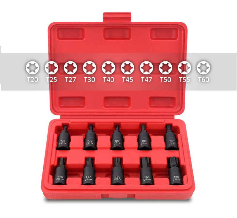 10pc 3/8" Dr. 48mmL S2 Steel Torx Star Socket:T20,T25,T27,T30,T40,T45,T47,T50,T55,T60