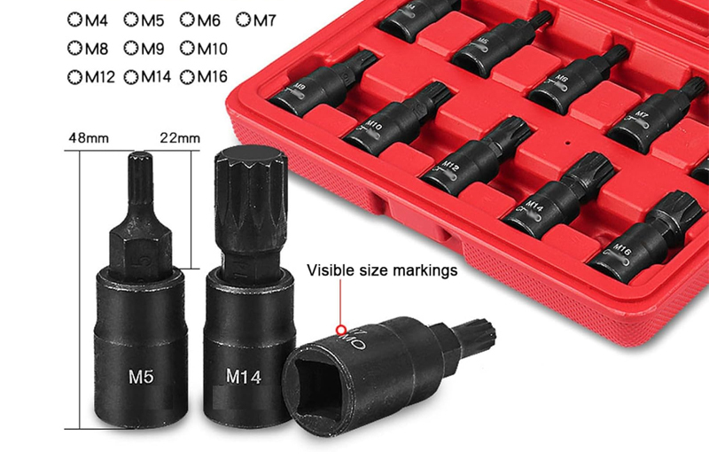 10pc 3/8" Dr. 48mmL S2 Steel 12pt Spline Socket:M4,M5,M6,M7,M8,M9,M10,M12,-M16