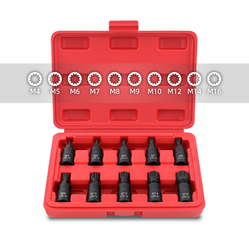 10pc 3/8" Dr. 48mmL S2 Steel 12pt Spline Socket:M4,M5,M6,M7,M8,M9,M10,M12,-M16
