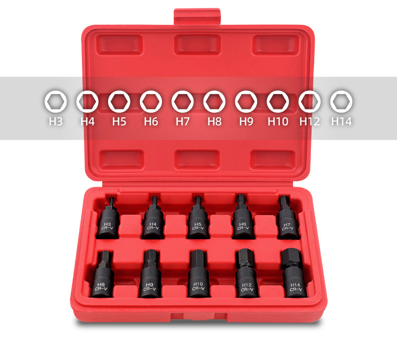10pc 3/8" Dr. 48mmL S2 Steel Hex Allen Socket Bits Set: H3,4,5,6,7,8,9,10,12,14mm