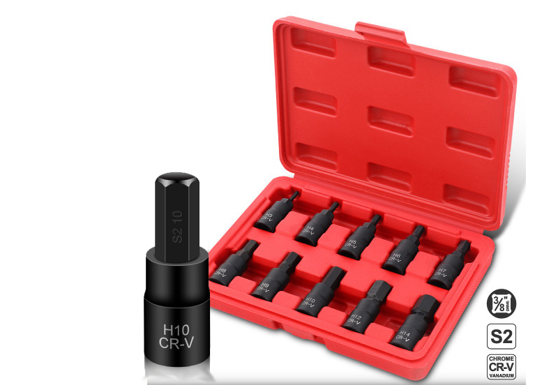 10pc 3/8" Dr. 48mmL S2 Steel Hex Allen Socket Bits Set: H3,4,5,6,7,8,9,10,12,14mm