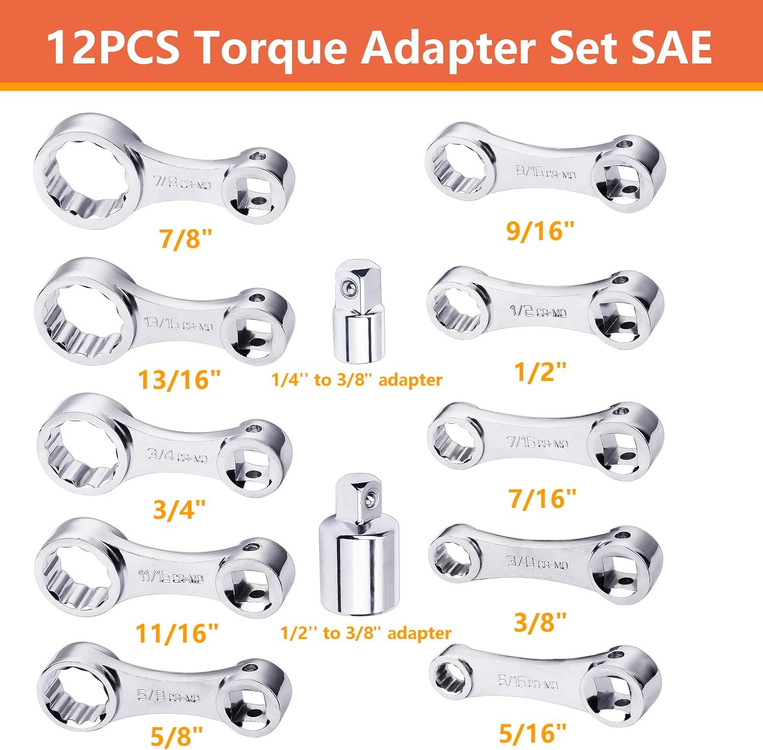 12pc 3/8" Dr. 5/16"-7/8" SAE 12pt Ring End Wrench Torque Adapter Extension Set 