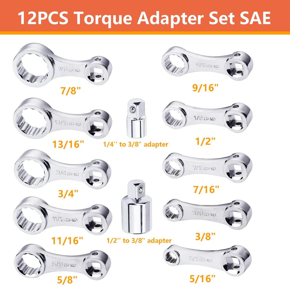 12pc 3/8" Dr. 5/16"-7/8" SAE 12pt Ring End Wrench Torque Adapter Extension Set 
