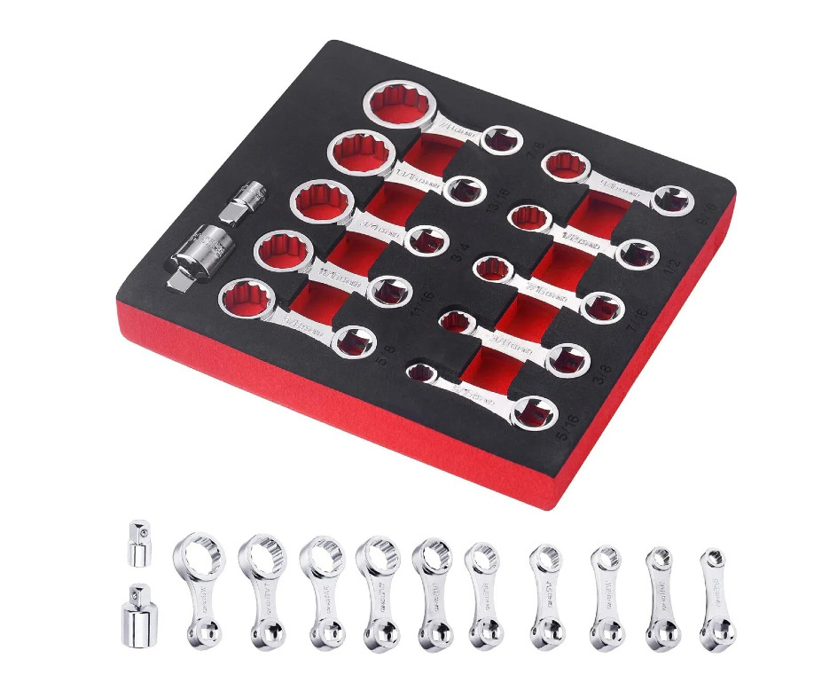 12pc 3/8" Dr. 5/16"-7/8" SAE 12pt Ring End Wrench Torque Adapter Extension Set 