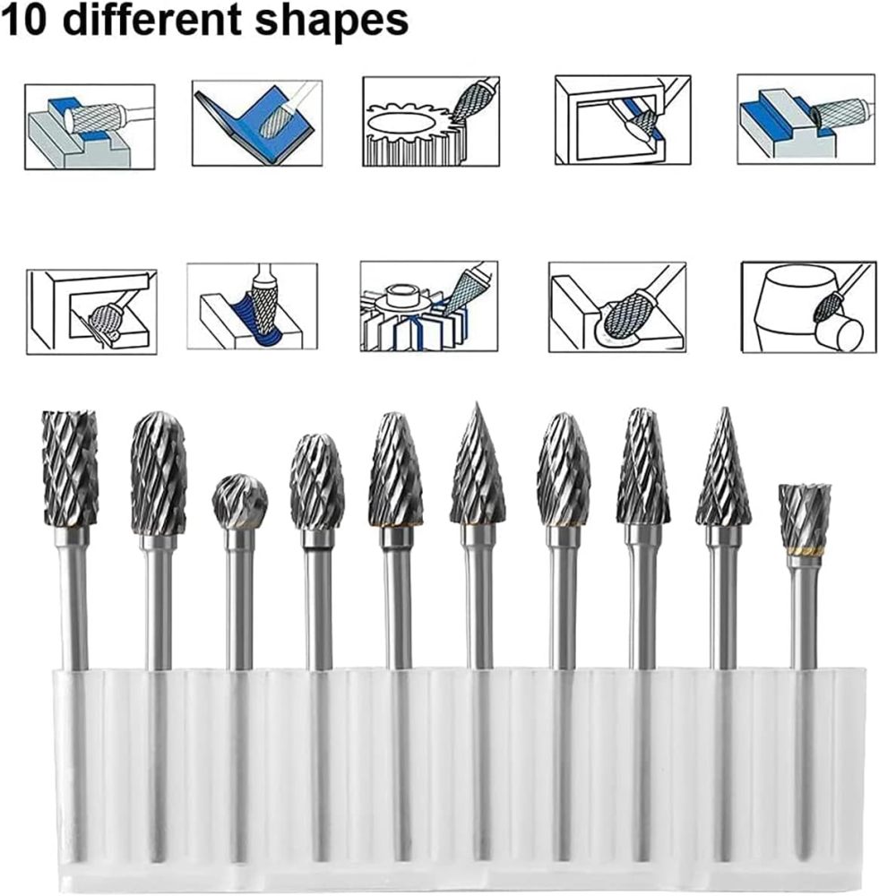 10pc 3x6mm Double Cut Carbide Rotary Burr Drill Bits File & Rasp Tungsten Steel Dia Grinder