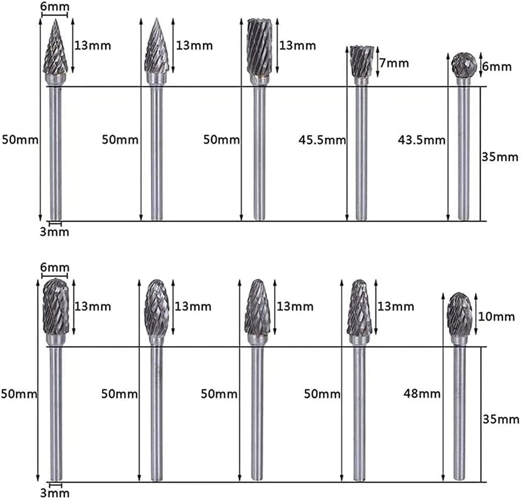 10pc 3x6mm Double Cut Carbide Rotary Burr Drill Bits File & Rasp Tungsten Steel Dia Grinder