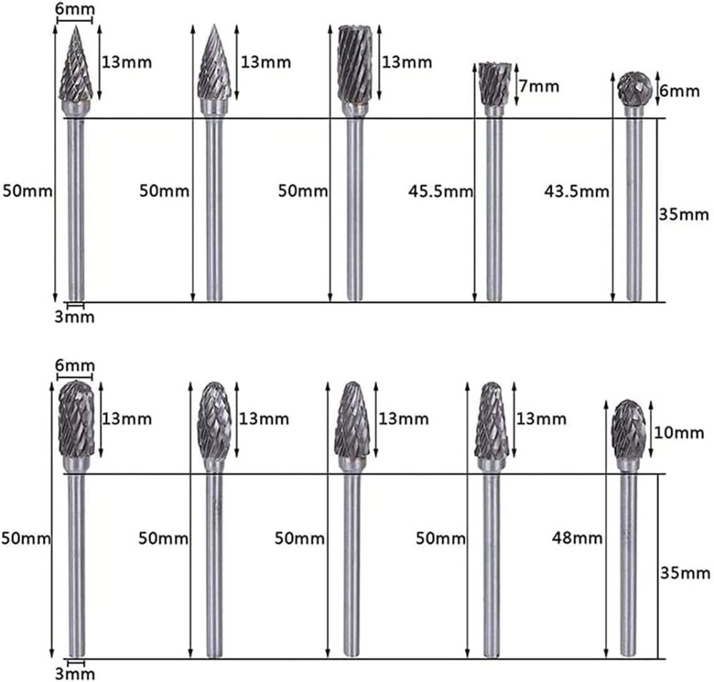 10pc 3x6mm Double Cut Carbide Rotary Burr Drill Bits File & Rasp Tungsten Steel Dia Grinder
