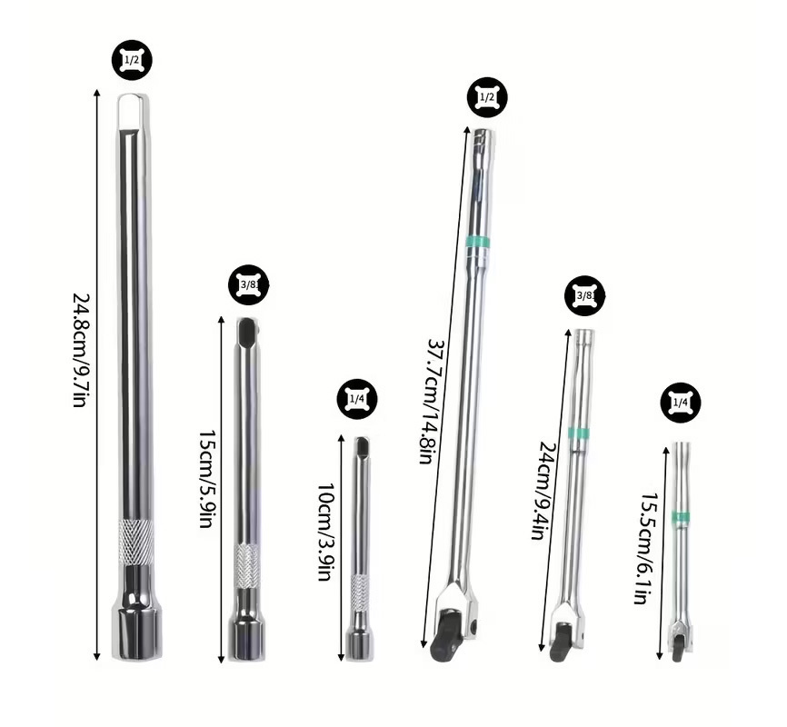 6pc Socket Breaking & Extension Bar Set – 1/4", 3/8", 1/2" Dr