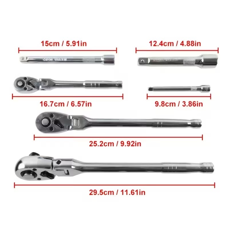 6pc Prefessional Socket Flex Head Ratchet & Extension Bar Set 1/4", 3/8", 1/2" Dr.