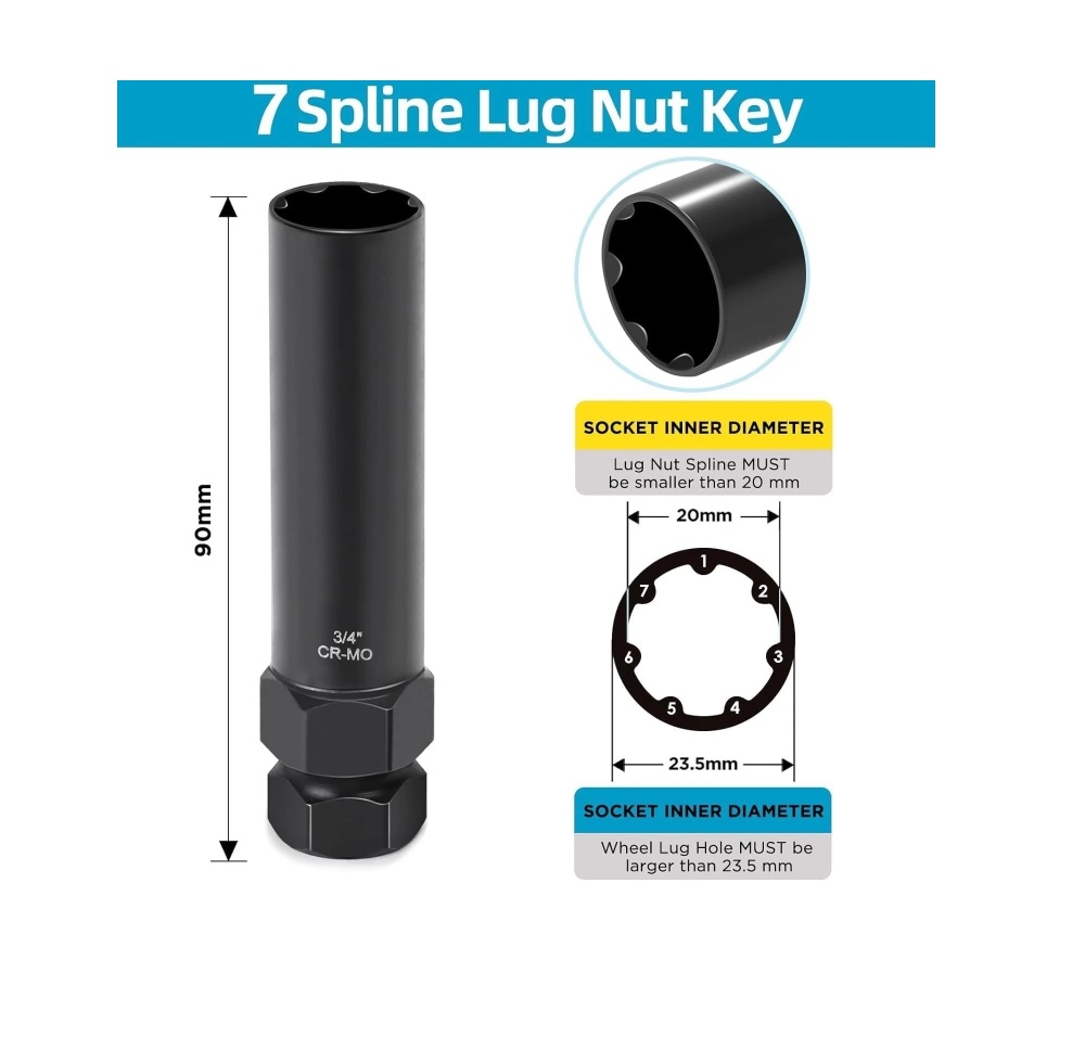 2pc 6 & 7 Spline Tuner Lug Nuts Socket Key Wheel Lugnut Tool