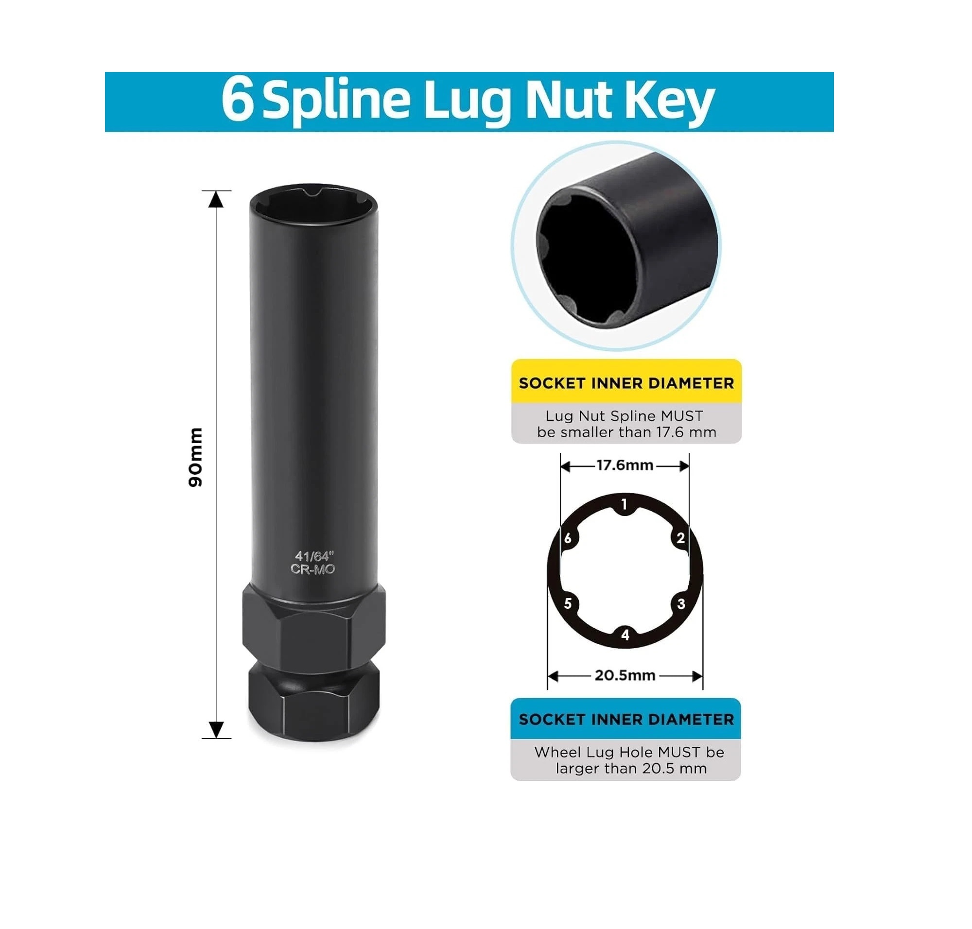 6 Spline Tuner Lug Nut Socket Wheel Lock Lugnut Tool