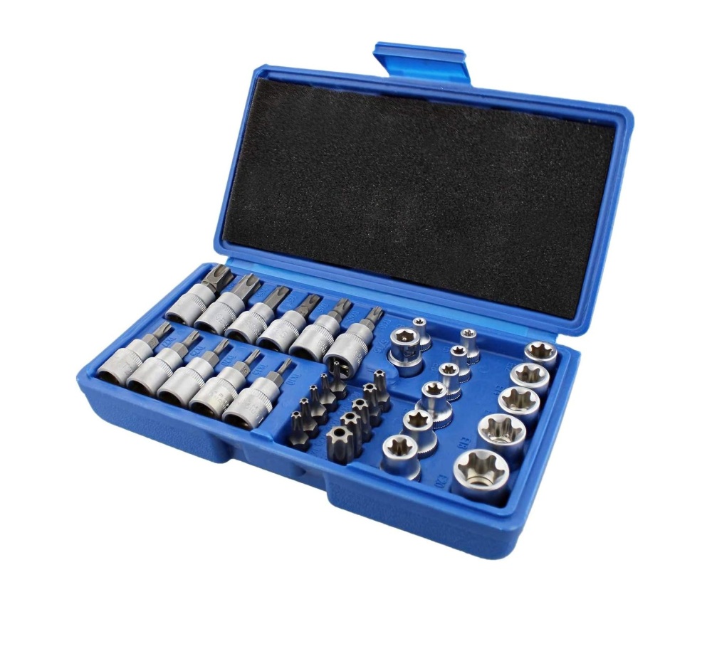 34pc Torx & E-Torx 3/8" Dr. Socket Bit-Star Bit & External Torx Socket Set
