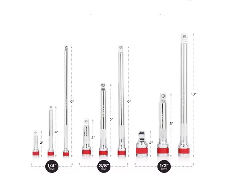 9pc Socket Extension Rod Set Spring Loaded Wobble Ball Adapters 1/4" 3/8" 1/2"