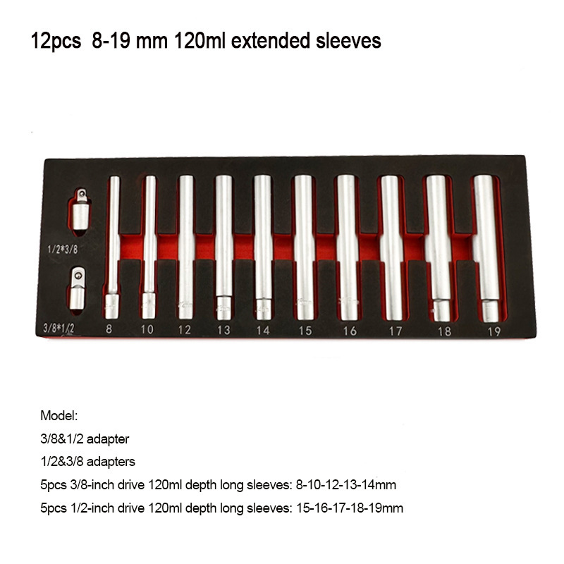 12pc Extra Deep Socket Set 120mm Long 8-19mm 3/8"& 1/2"dr. with Adapters