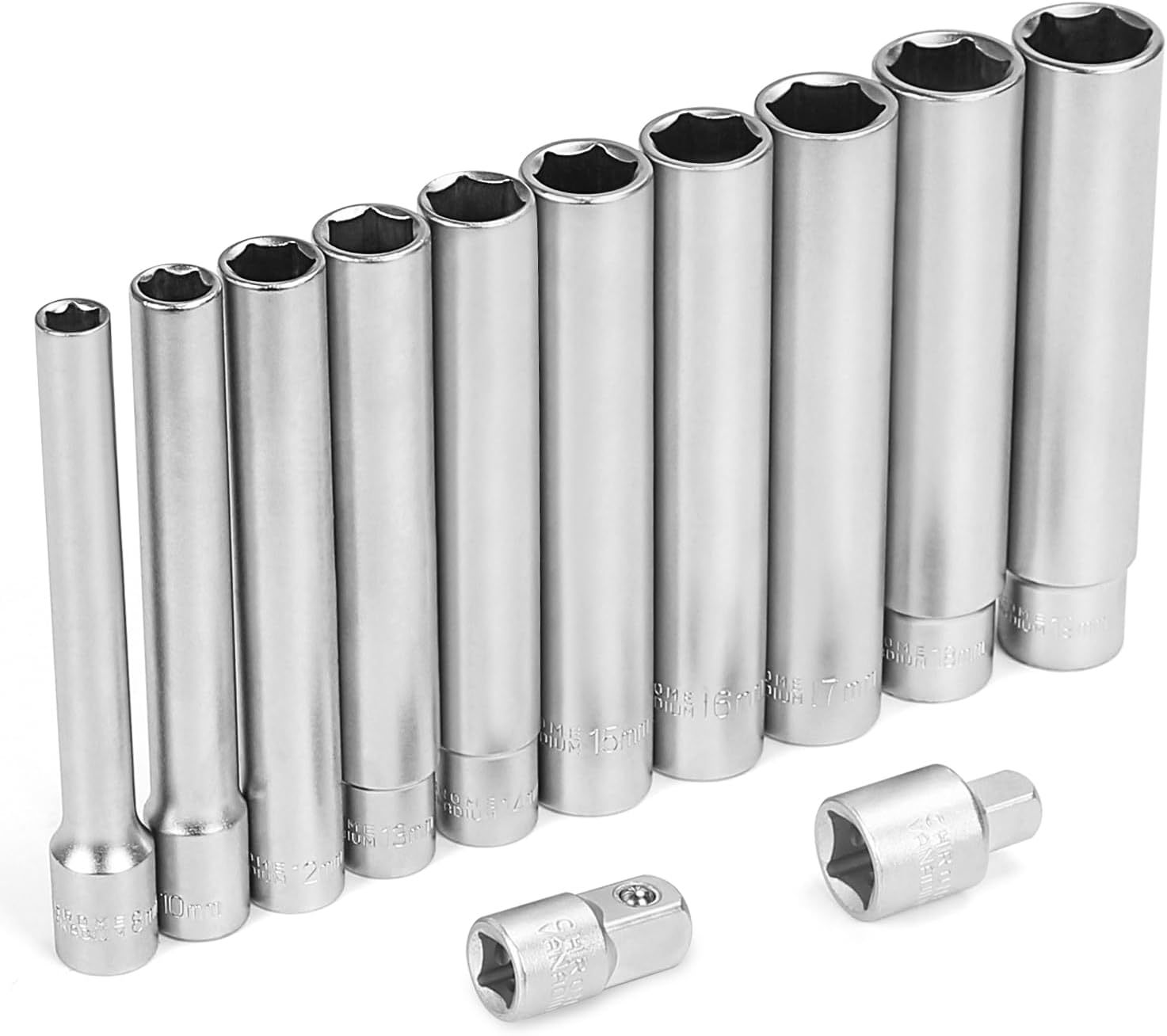 12pc Extra Deep Socket Set 120mm Long 8-19mm 3/8"& 1/2"dr. with Adapters