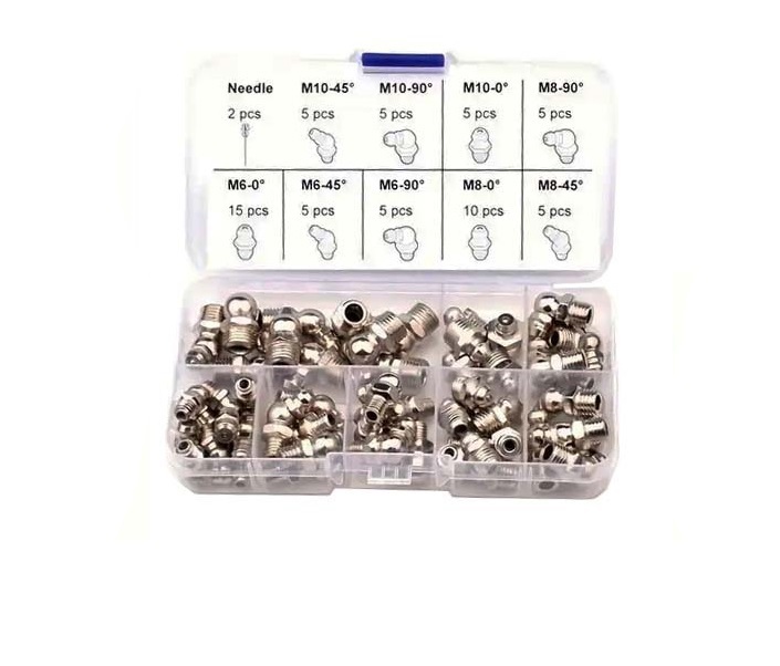 60pc Grease Nipple Assortment: M6,M8,M10, Straight/45°/90° Bent