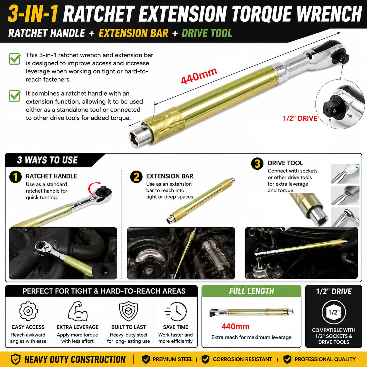 3-in-1 1/2" Dr. Ratchet Handle Offset Impact Torque Wrench Extension Bar