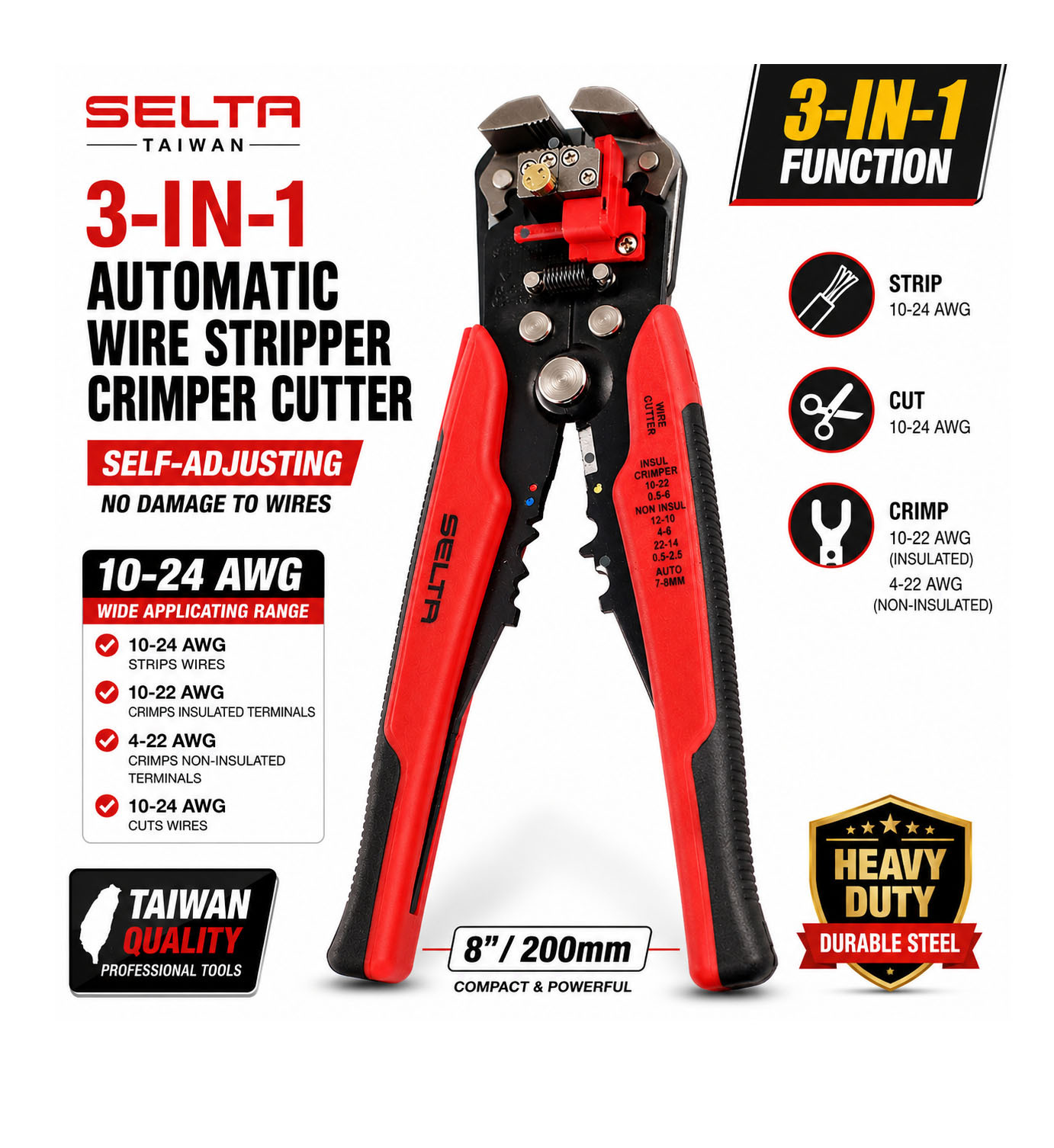 Selta Taiwan 8" 3-in-1 Automatic Wire Stripper Cutter & Crimping Tool Self-Adjusting
