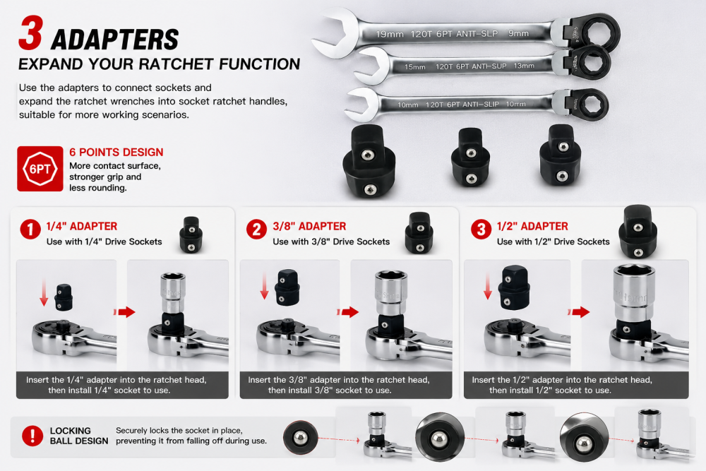 JTC-7230 120T 6PT Anti-Slip Flexible Gear Ratchet Wrench 10pcs Metric 8-19mm+3pc Adapters
