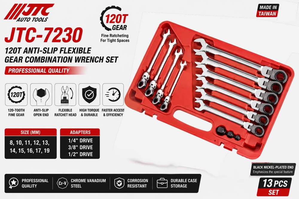 JTC-7230 120T 6PT Anti-Slip Flexible Gear Ratchet Wrench 10pcs Metric 8-19mm+3pc Adapters