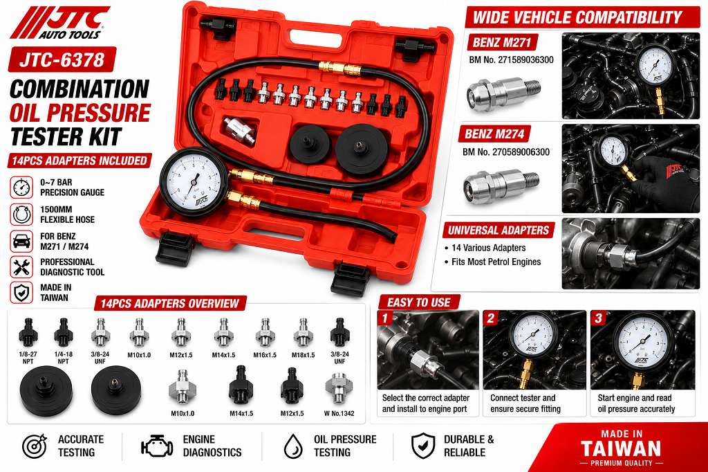 JTC-6378 Combination Petrol Oil Pressure Tester Kit (14 Adapters) Compatible Benz M271 M274