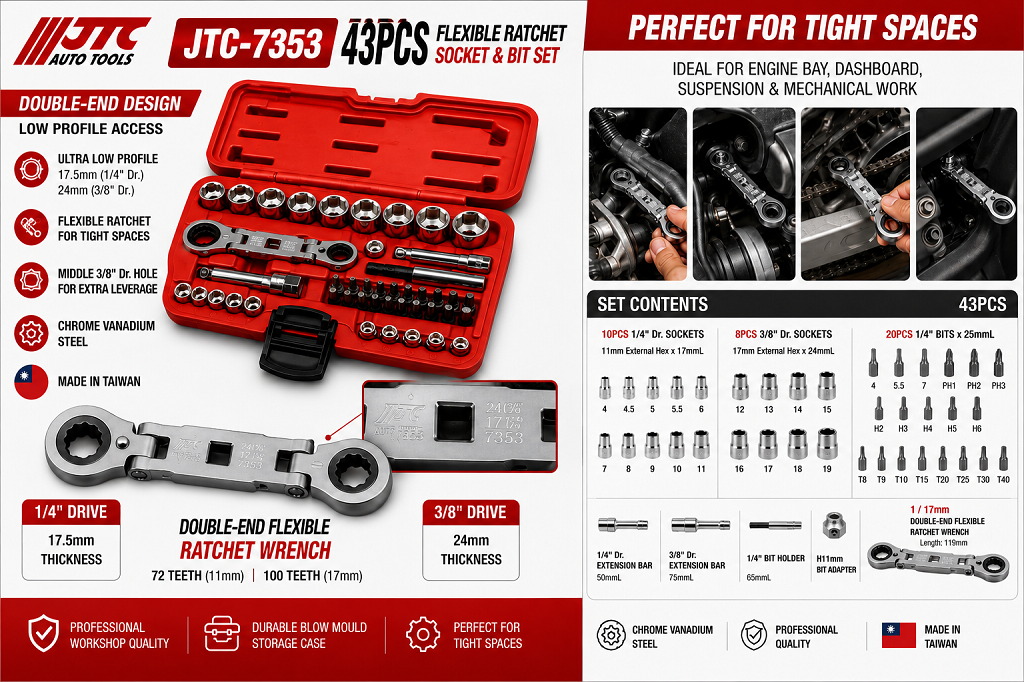 JTC-7353 43pc 11mm/17mm Double-End Flexible Ratchet Wrench Ultra-Short Socket Bit Set