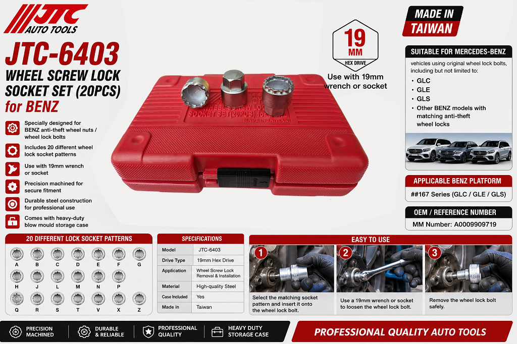 JTC-6403 Anti-Thief Wheel Nut Remove Socket Set (20PCS) for Benz ##167(GLC,GLE,GLS)