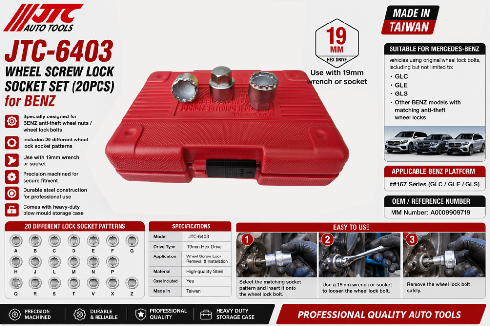 JTC-6403 Anti-Thief Wheel Nut Remove Socket Set (20PCS) for Benz ##167(GLC,GLE,GLS)