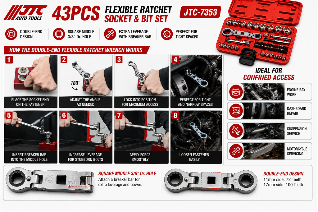 JTC-7353 43pc 11mm/17mm Double-End Flexible Ratchet Wrench Ultra-Short Socket Bit Set