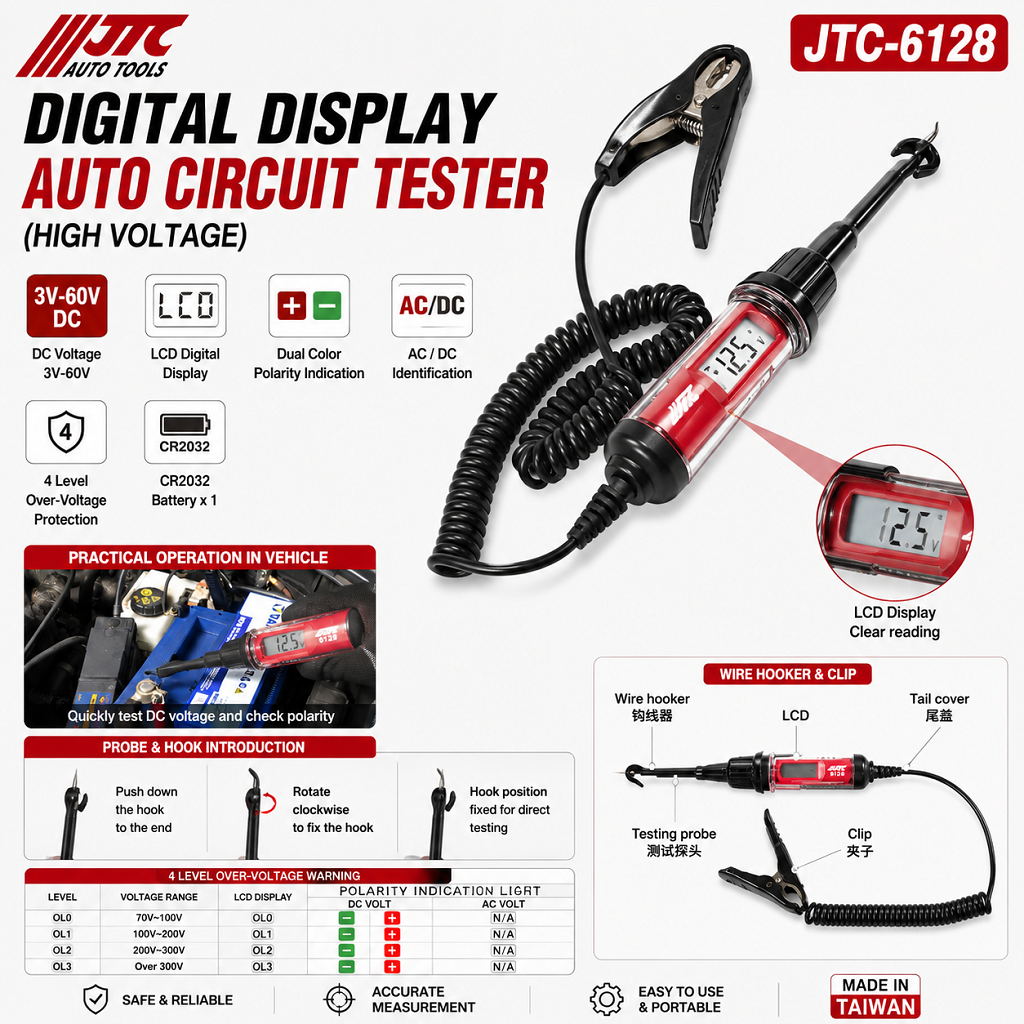 JTC-6128 3V–60V DC Automotive Electrical Voltage Digital Tester with LCD Display