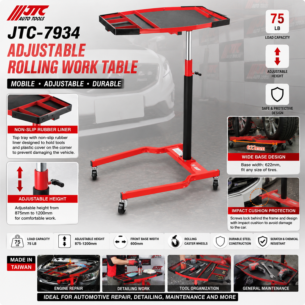 JTC-7934 Adjustable Rolling Work Table Automotive Service Tray Mobile Workshop Cart