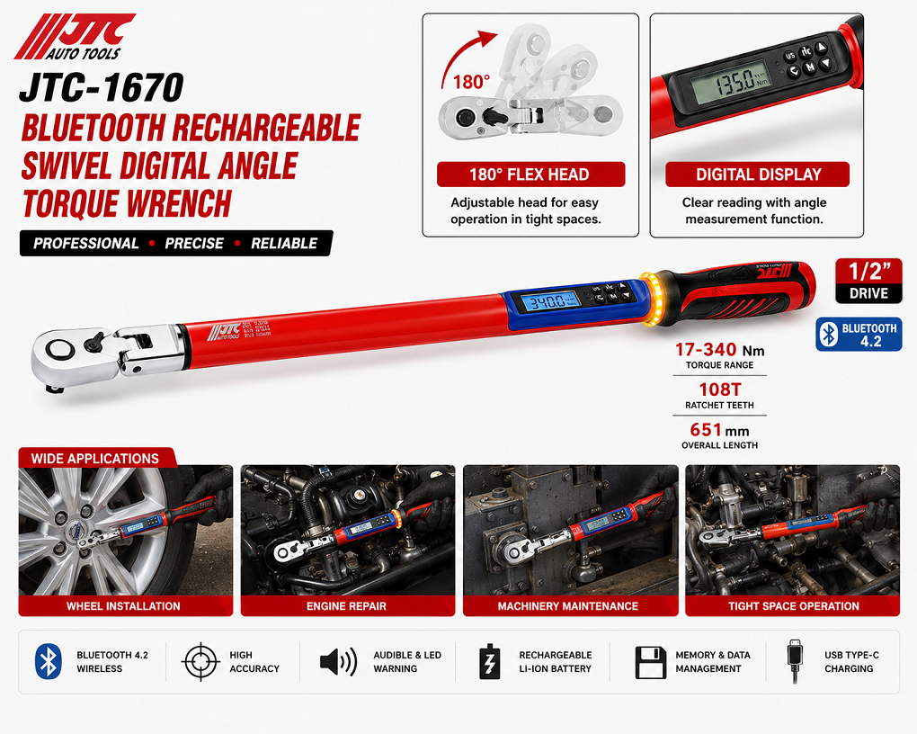 JTC-1670 Bluetooth Rechargeable Swivel Digital Angle Torque Wrench 1/2" Dr. 108T