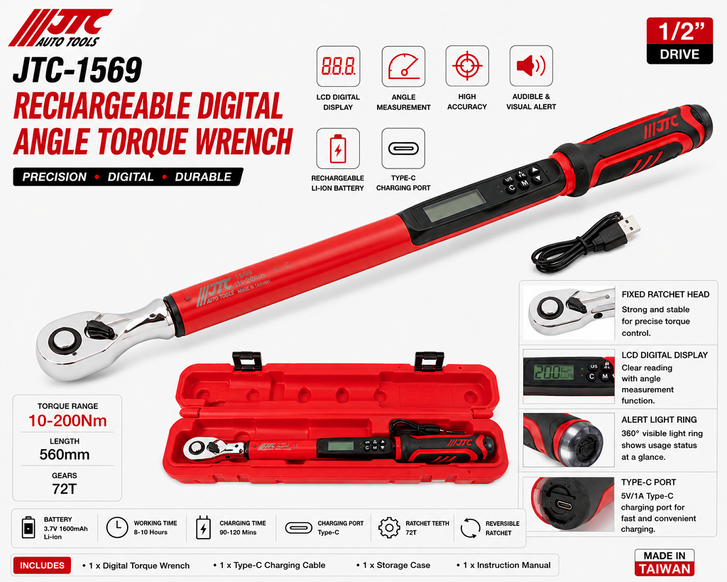 JTC-1569 1/2" Dr. 72T Rechargeable Digital Angle Torque Wrench 10-200Nm