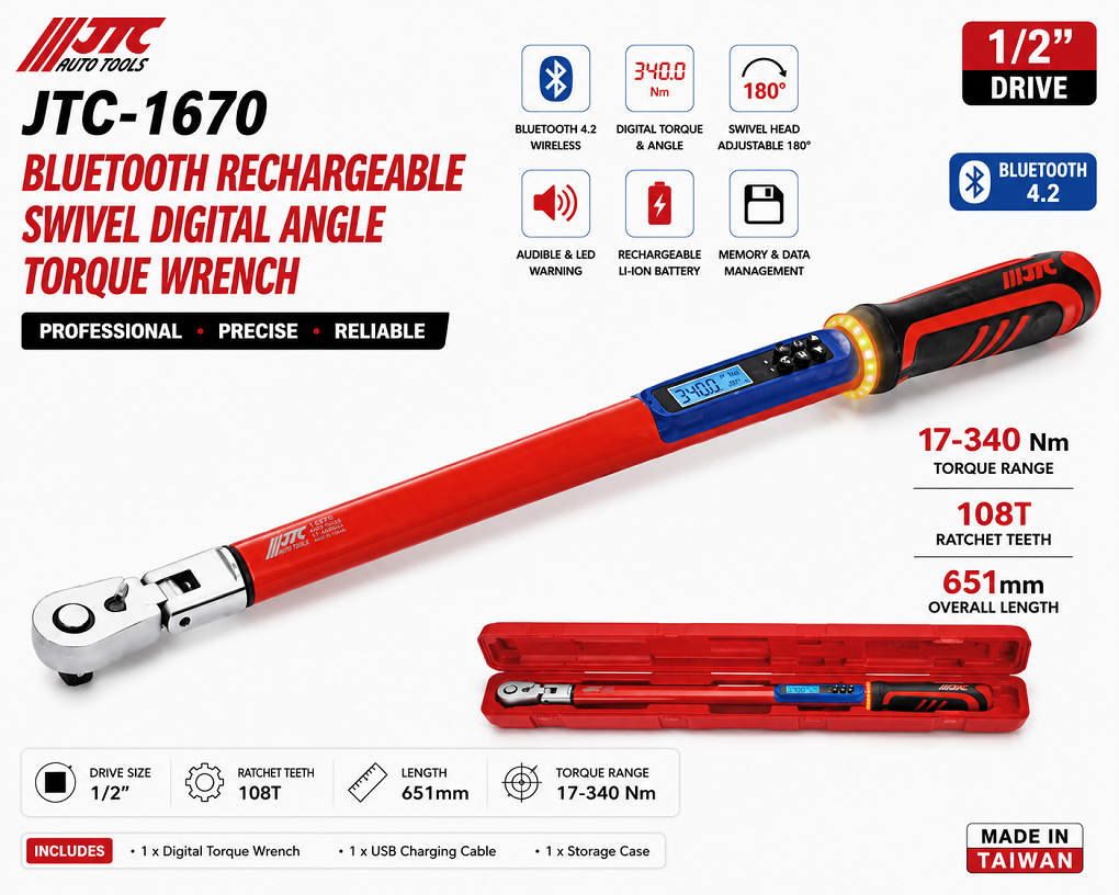 JTC-1670 Bluetooth Rechargeable Swivel Digital Angle Torque Wrench 1/2" Dr. 108T