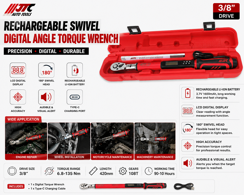 JTC-1568 Rechargeable Swivel Digital Angle Torque Wrench 3/8" Drive 6.8-135Nm 420mm