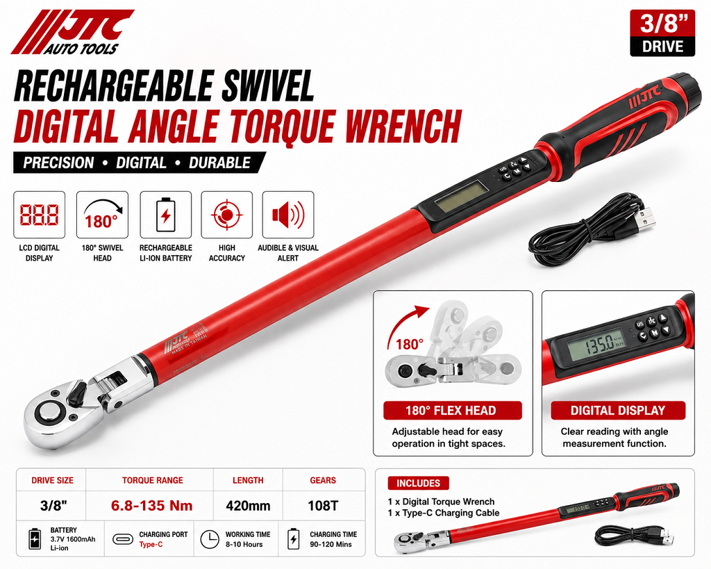 JTC-1568 Rechargeable Swivel Digital Angle Torque Wrench 3/8" Drive 6.8-135Nm 420mm