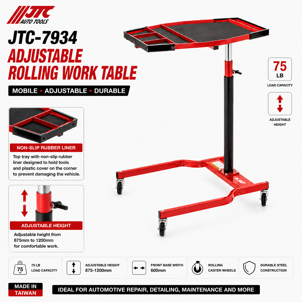 JTC-7934 Adjustable Rolling Work Table Automotive Service Tray Mobile Workshop Cart