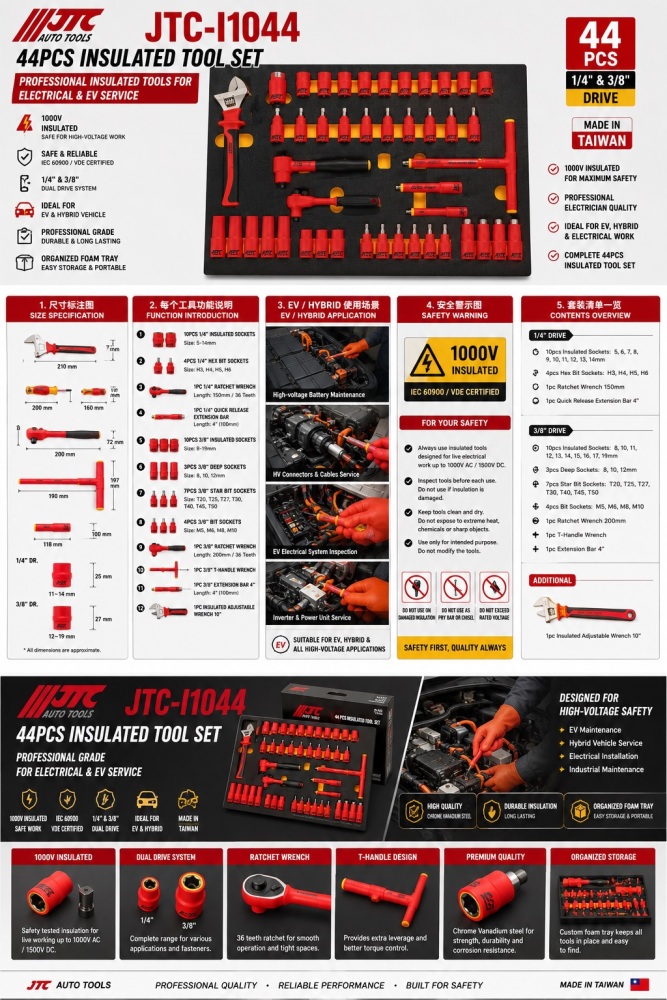 JTC-I1044 44pc Insulated VDE Tool Set – Professional Electrician & EV Service Kit