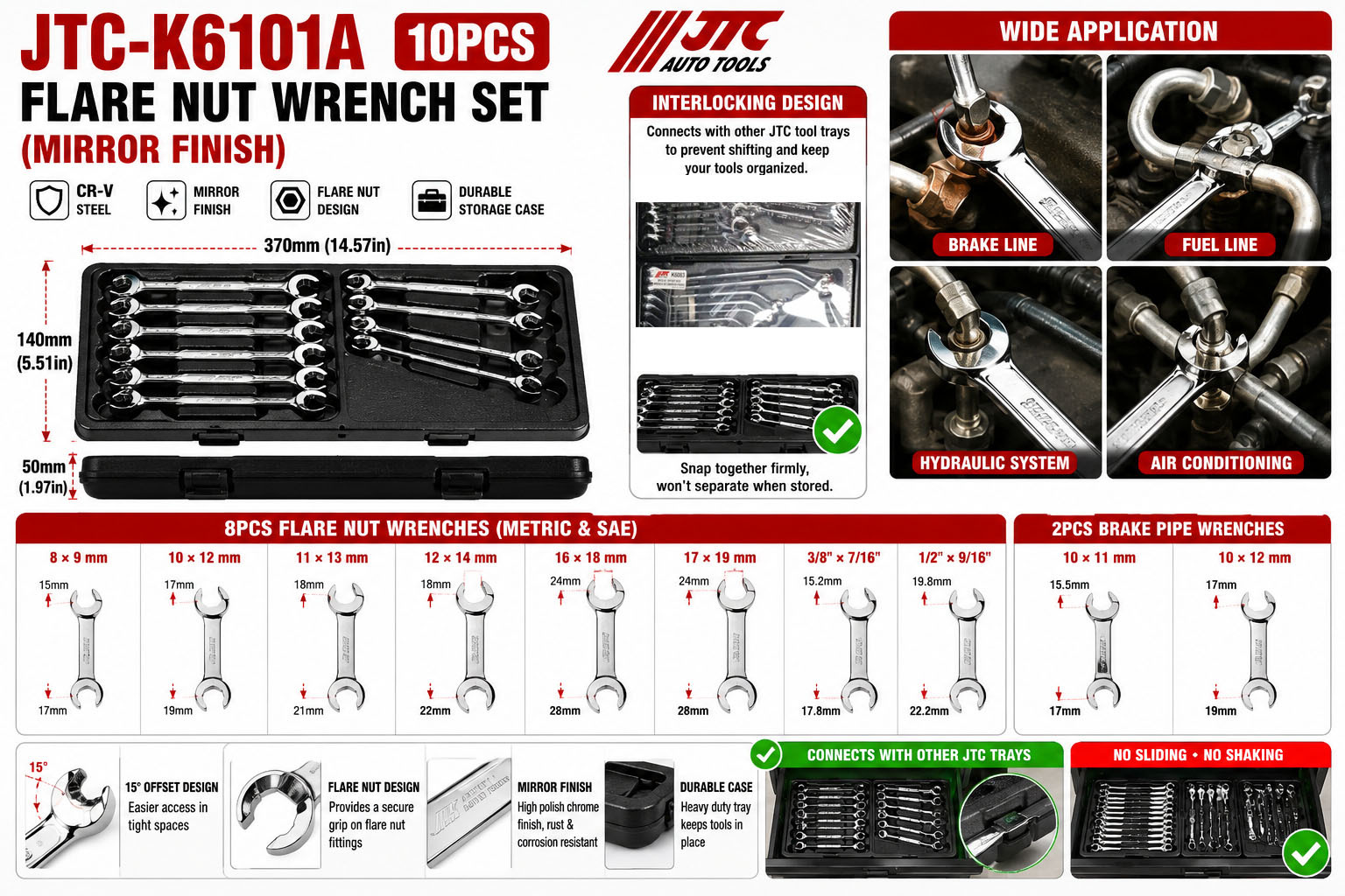 JTC-K6101A 10pc Flare Nut Wrench Set: 8-19mm, 3/8"× 7/16" 1/2"× 9/16"