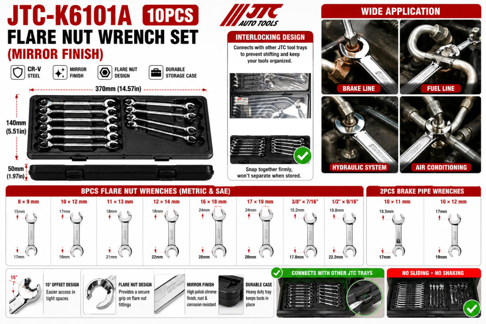 JTC-K6101A 10pc Flare Nut Wrench Set: 8-19mm, 3/8"× 7/16" 1/2"× 9/16"