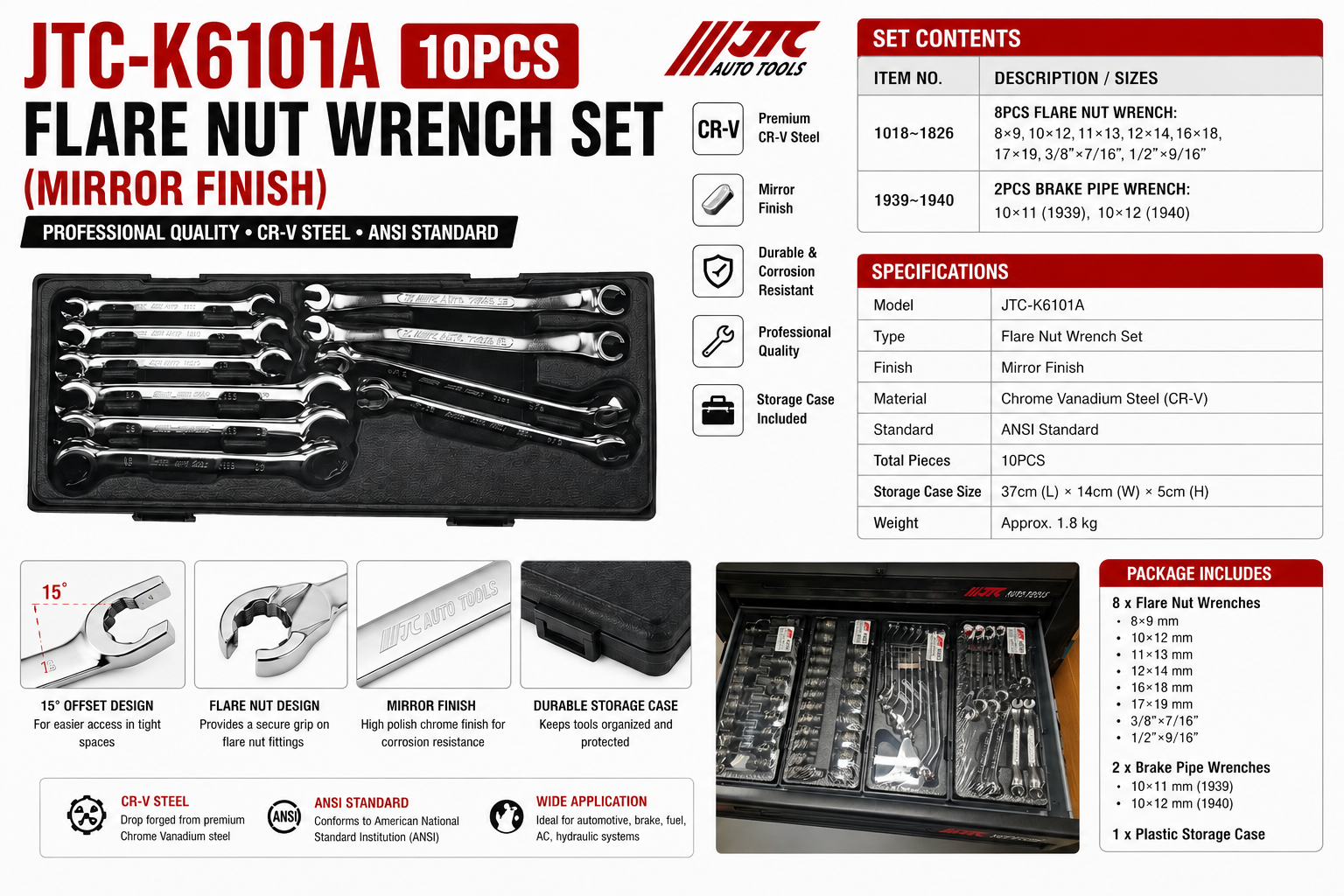 JTC-K6101A 10pc Flare Nut Wrench Set: 8-19mm, 3/8"× 7/16" 1/2"× 9/16"