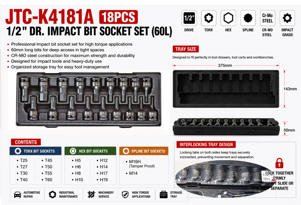 JTC-K4181A 1/2"Dr. 18pc Impact Bit Socket Set (60L): Torx T25-T60, Hex 5-19mm, Spline M14,M16H