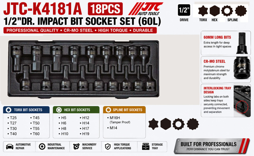 JTC-K4181A 1/2"Dr. 18pc Impact Bit Socket Set (60L): Torx T25-T60, Hex 5-19mm, Spline M14,M16H