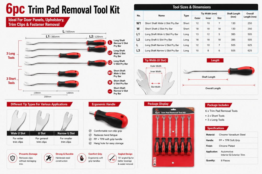 6Pc Long & Short Car Vehicle Trim Clip & Door Upholstery Remover Set