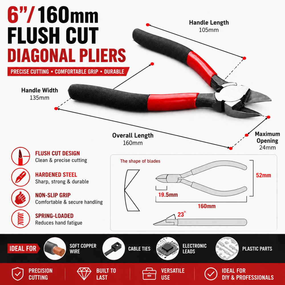 6"/160mm Flush Cut Diagonal Side Cutting Pliers Shear Wire Nippers