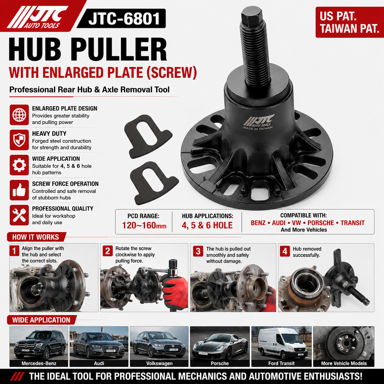 JTC-6801 Hub Puller With Enlarged Plate Screw For Benz Audi VW Porsche Transit